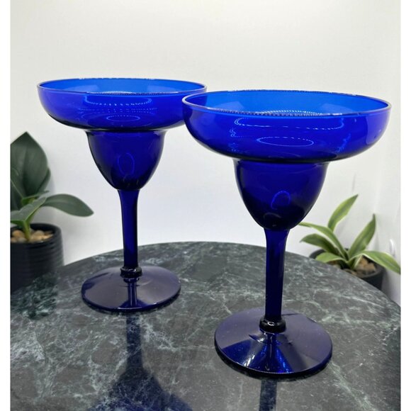 Vintage Pier 1 Cobalt Blue Glass Margarita Cocktail Goblets Set Of 2 - Picture 3 of 15